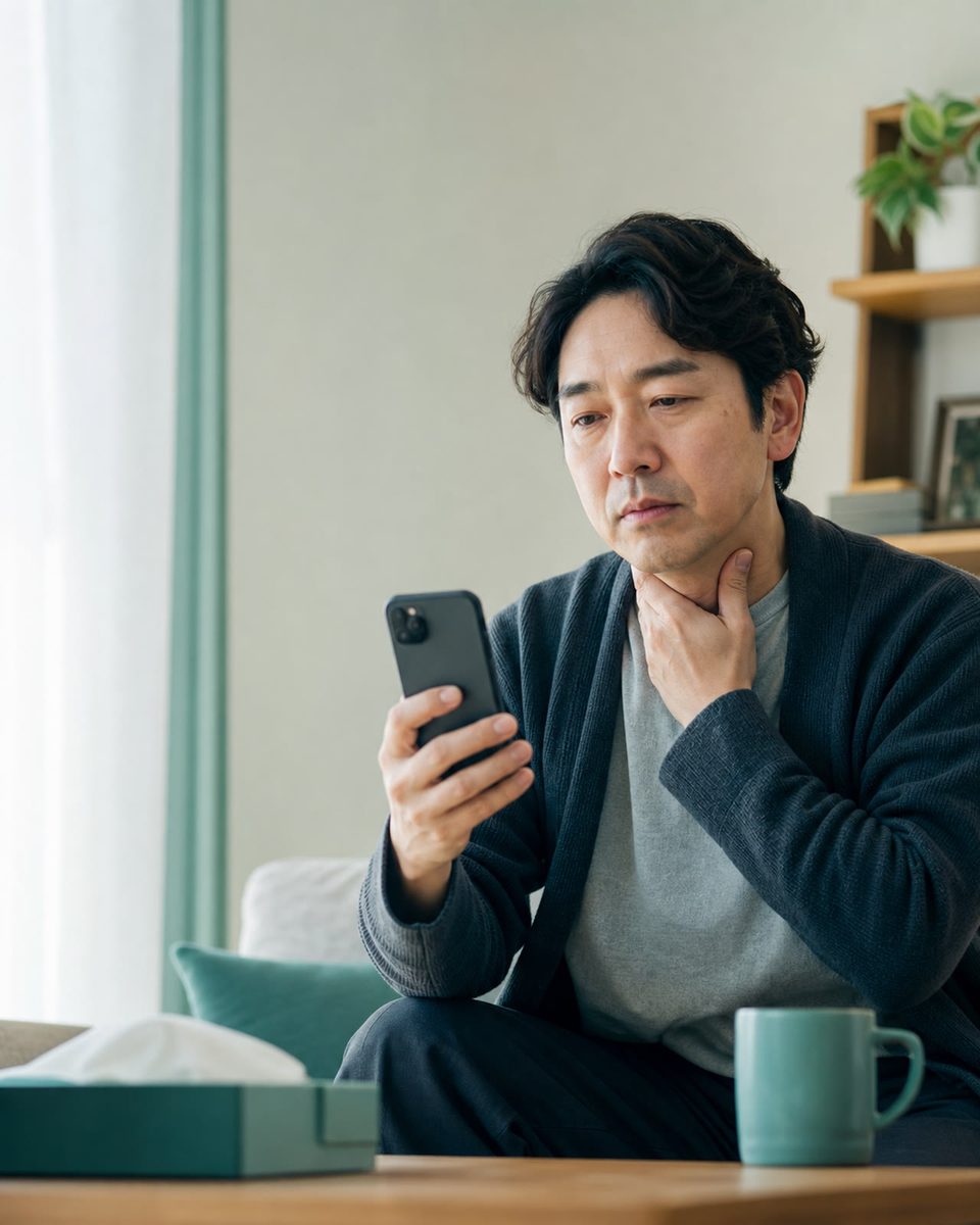 自宅からスマートフォンでオンライン診療を受ける人